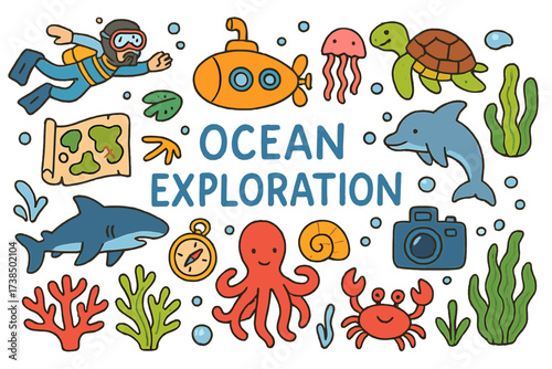 Ocean Adventure Doodle. Ocean Exploration. Colorful Hand-drawn doodle Children illustration Ocean Exploration scuba diver, submarine, map, compass, turtle,