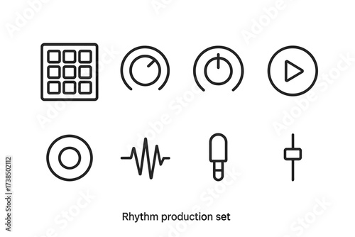 Rhythm Production Icons. Outline icon set of rhythm production: drum pad, volume knob, tempo control, play button, record button, waveform, headphone port,