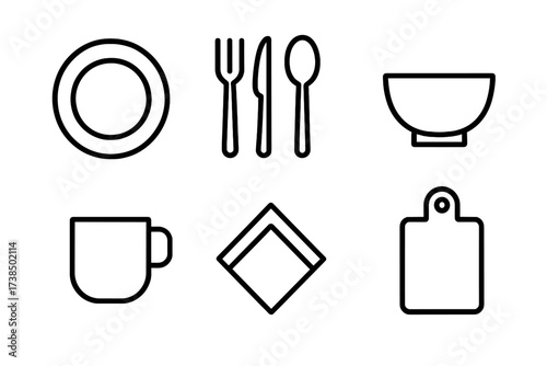 Picnic Tableware Icons. Outline icon set of picnic tableware: plate, fork, knife, spoon, cup, napkin, bowl, cutting board. Line icons in only black color,