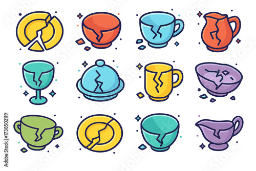 Colorful Broken Dish Icons. Broken dishes. Colorful isometric vector icons set of broken dishes: smashed plate, cracked bowl, broken teacup, shattered saucer,