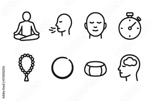 Meditation and Recovery Icons. Outline icon set of discipline in meditation and mindfulness: lotus pose, breathing, calm face, timer, mantra, zen circle,