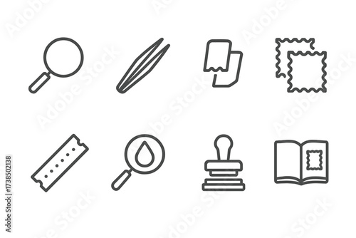 Stamp Tool Icons. Outline icon set of stamp tools: magnifying glass, tweezers, stamp hinge, stamp mounts, perforation gauge, watermark detector, stamp press,