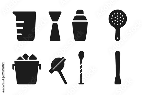 Cocktail Tools Icons. Solid, filled icon set of spritz preparation tools: mixing glass, jigger, cocktail shaker, strainer, ice bucket, citrus squeezer, bar