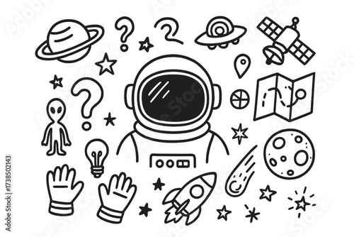 Space Doodle Exploration. Hand-drawn doodle illustration lost in space astronaut helmet, stars, planet, spaceship, question mark, map, radar, satellite, moon,