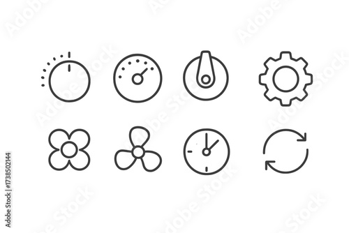 Spin Control Icons. Outline icon set of spin controls: dial knob, volume knob, rotary switch, gear, spinner, fan blades, clock hands, rotation arrows. Line