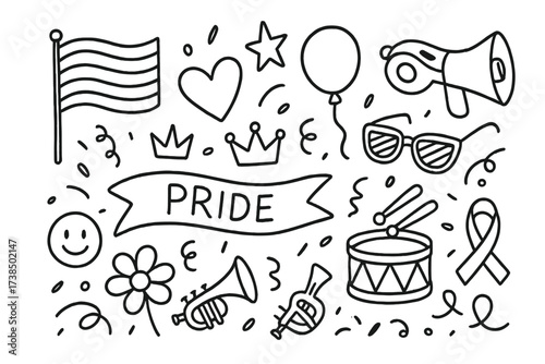 Pride Parade Illustrations. Hand-drawn doodle illustration Pride parade rainbow flag, heart, star, balloon, whistle, megaphone, banner, crown, sunglasses,