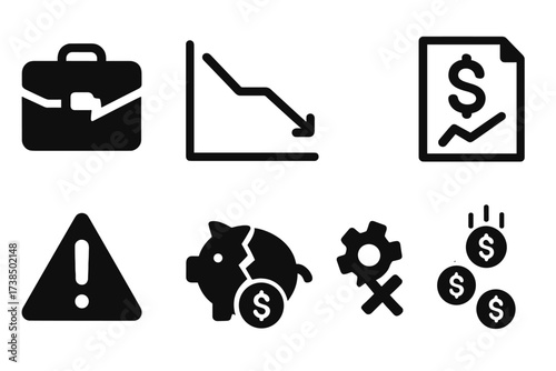 Business Failure Icons. Solid, filled icon set of business failure: broken briefcase, declining graph, closed sign, bankrupt document, warning triangle,