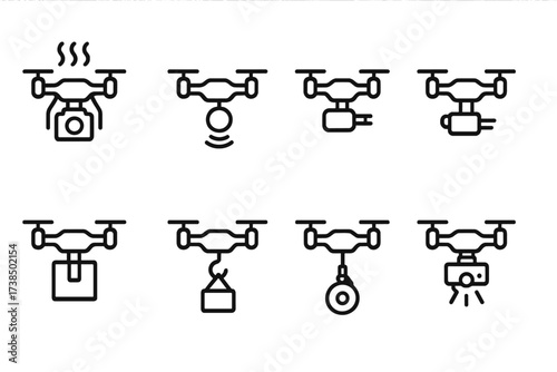 Drone Payload Icons. Outline icon set of command drone payloads: thermal camera, infrared sensor, package delivery, weapon system, cargo hook, spotlight,