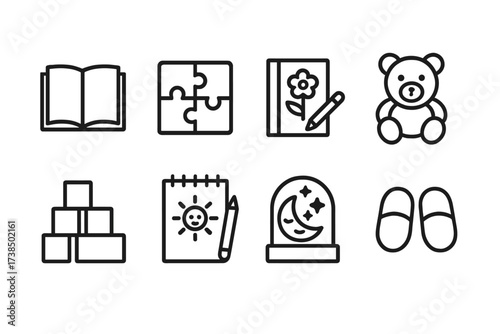 Quiet Playtime Icons. Outline icon set of quiet playtime: book, puzzle, coloring book, stuffed animal, blocks, drawing pad, night light, slippers. Line icons