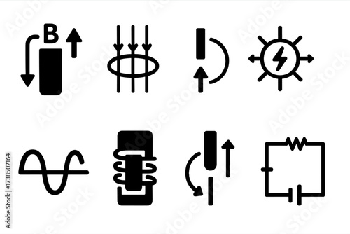 Physics Icon Set. Solid, filled icon set of induction physics: Faraday?s law, magnetic flux, electric field, Lenz?s law, alternating current, coil magnet,