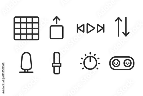 MIDI Pad Icon Set. Outline icon set of MIDI pad features: drum pad, velocity pad, transport controls, octave shift, modulation wheel, volume slider, tempo