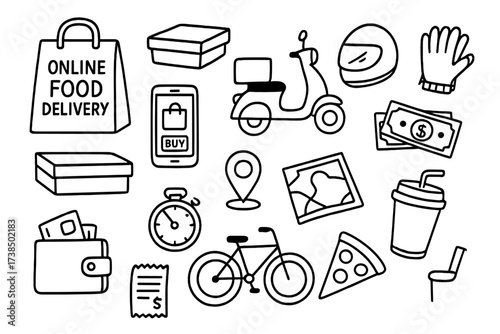 Food Delivery Icons. Hand-drawn doodle illustration online food delivery delivery bag, food box, scooter, helmet, gloves, smartphone, map, wallet, timer, bike,