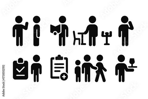 Host Duties Icons. Solid, filled icon set of host duties: greeting guests, handing out menus, assigning tables, confirming reservations, answering phone,