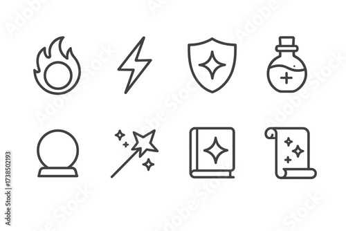 Magical Icon Set. Outline icon set of magical powers: fireball, lightning bolt, shield spell, healing potion, crystal ball, magic wand, spellbook, enchanted
