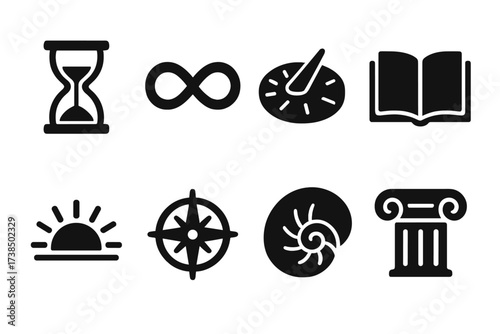 Timeless Symbols Icons. Solid, filled icon set of timeless symbols: hourglass, infinity loop, ancient sundial, open book, rising sun, celestial compass, spiral