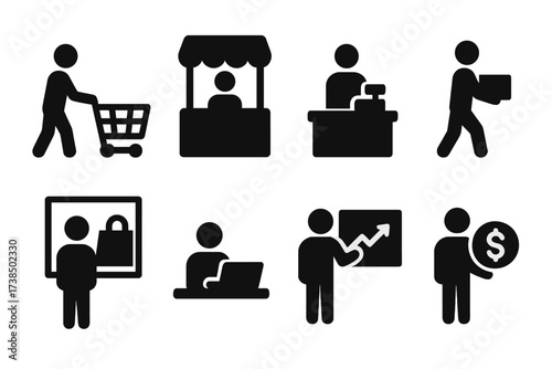 Market Icon Set. Solid, filled icon set of market customers: shopper, vendor, cashier, delivery person, window shopper, online buyer, market analyst, investor.