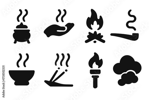 Ceremonial Smoke Icons. Solid, filled icon set of ritual and ceremonial smoke: incense burner, smoke offering, sacred fire, shaman?s pipe, ritual bowl, scented