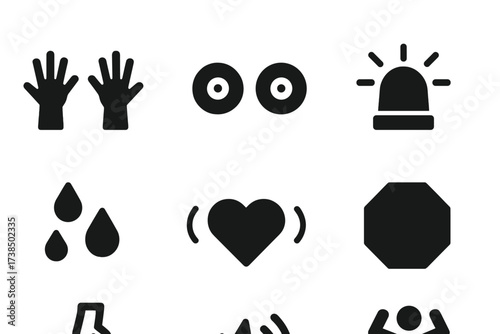 Panic Attack Icons. Solid, filled icon set of panic attack: frantic hands, wide eyes, shaking legs, loud alarm, sweat drops, heart pounding, stop sign,