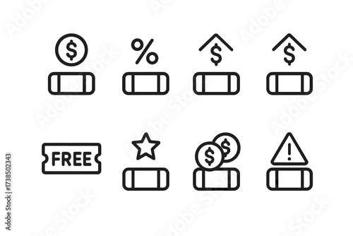 Betting Stake Icons. Outline icon set of betting stake types: fixed stake, percentage stake, max stake, min stake, free bet, bonus bet, matched bet, risk