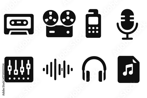 Sound Recording Icons. Solid, filled icon set of sound recording: cassette tape, reel-to-reel, digital recorder, microphone, mixing console, headphones, sound