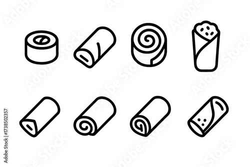 Rolled Food Icons. Outline icon set of rolled food: sushi roll, spring roll, cinnamon roll, burrito, egg roll, rolled pancake, rolled sandwich, rolled crepe.