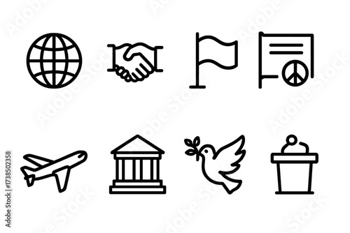 International Relations Icons. Outline icon set of presidential international relations: globe, handshake, flag, treaty document, airplane, embassy, peace