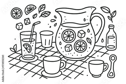 Dining Table Doodle. Hand-drawn doodle illustration dining table water carafe water carafe, glass, ice cubes, lemon slice, pitcher, water droplets, coaster,