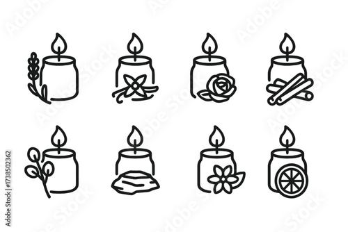Scented Candle Icons. Outline icon set of scented candles: lavender, vanilla, rose, cinnamon, eucalyptus, sandalwood, jasmine, citrus. Line icons in only black