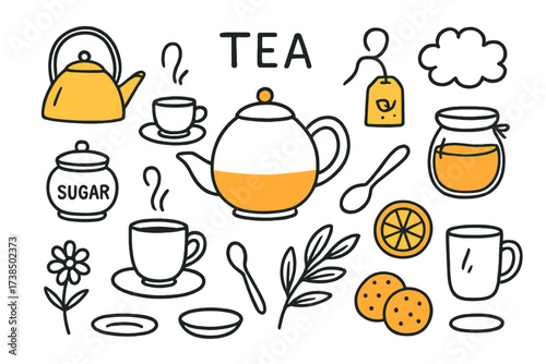Accented Tea Set. Tea. Hand-drawn doodle illustration tea teapot (accented), teacup, tea bag (accented), sugar bowl, honey jar (accented), spoon, lemon slice