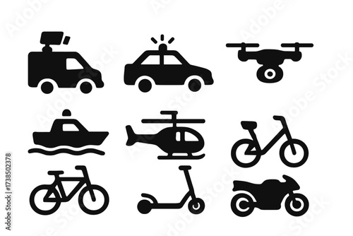 Surveillance Transport Icons. Solid, filled icon set of surveillance transportation: security vehicle, patrol car, drone, boat, helicopter, bicycle, electric