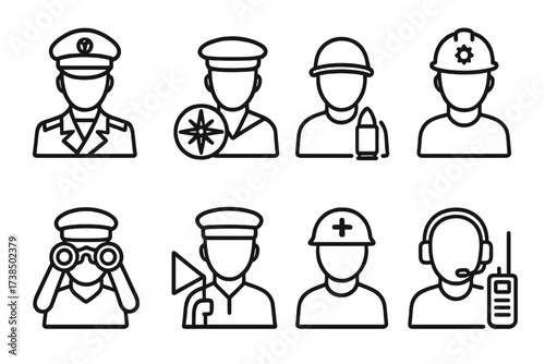 Battleship Crew Icons. Outline icon set of battleship crew roles: captain, navigator, gunner, engineer, lookout, signal officer, medic, radio operator. Line