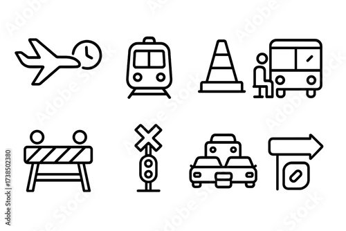 Transportation and Medical Delays. Outline icon set of transportation delays: delayed airplane, stopped train, traffic cone, bus wait, roadblock, railroad