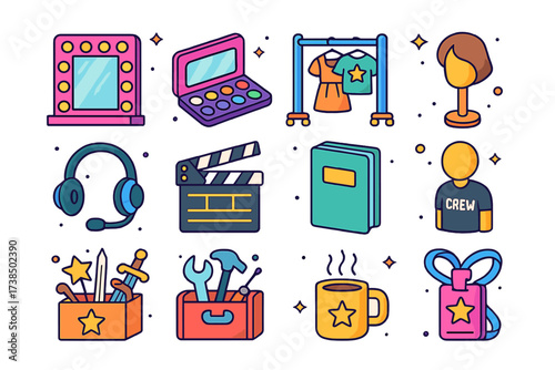 Backstage Essentials Icons. Backstage. Colorful isometric vector icons set of backstage: dressing room mirror, makeup palette, costume rack, wig stand,