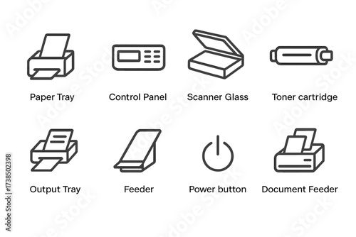 Copier Icon Set. Outline icon set of copier machine parts: paper tray, control panel, scanner glass, toner cartridge, output tray, feeder, power button,