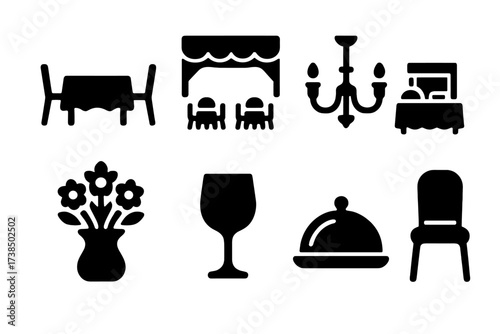 Banquet Icon Set. Solid, filled icon set of banquet elements: dining table, banquet hall, chandelier, buffet setup, floral centerpiece, wine glass, serving