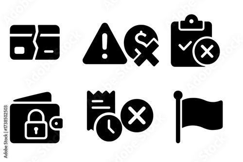 Financial Risk Icons. Solid, filled icon set of financial risk: broken credit line, warning sign, canceled payment, declined approval, locked wallet, overdue