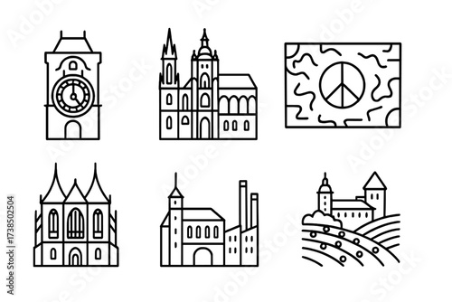 Czech Icons Collection. Outline icon set of Czech landmarks: Prague astronomical clock, St. Vitus Cathedral, Old Town Square, Lennon Wall, Kutna Hora, Cesky