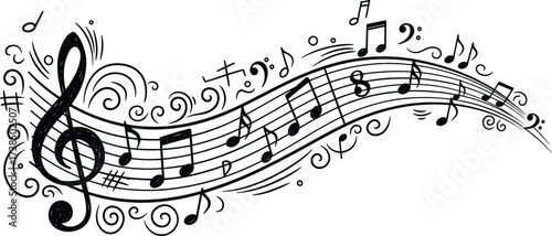 Stylized musical staff with swirling notes, treble clef, and symbols in black and white for music, design, and artistic themes 