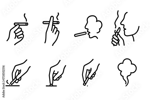 Smoking Gestures Icons. Outline icon set of smoking gestures: hand holding cigarette, cigarette between fingers, exhaling smoke, lighting cigarette, tapping