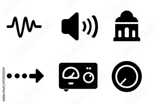 Kick Pedal Sound Icons. Solid, filled icon set of kick pedal sound and effects: sound wave, volume control, equalizer, reverb, delay, compressor, audio mixer,