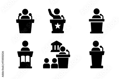 Public Speaking Podium Icons. Solid, filled icon set of public speaking podiums: press conference podium, political rally podium, university lecture podium,