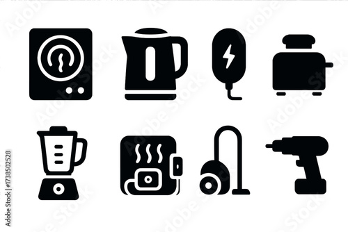 Induction Appliances Icons. Solid, filled icon set of induction home appliances: induction cooker, electric kettle, wireless charger, toaster, blender, heating