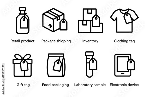 Label Icon Set. Outline icon set of label usage scenarios: retail product, package shipping, inventory, clothing tag, gift tag, food packaging, laboratory