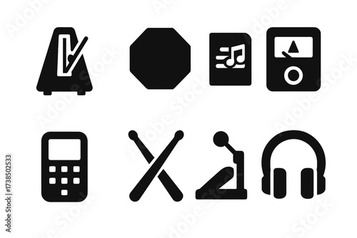 Backbeat Tool Icons. Solid, filled icon set of backbeat practice tools: metronome, drum pad, sheet music, tuner, recording device, drumsticks, foot pedal,