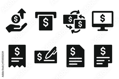 Financial Icon Set. Solid, filled icon set of financial transactions: deposit, withdrawal, money transfer, account balance, transaction receipt, check deposit,