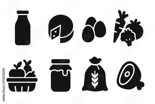 Farm Fresh Icons. Solid, filled icon set of farm products: milk bottle, cheese wheel, eggs, fresh vegetables, fruits basket, honey jar, grain sack, meat cut.