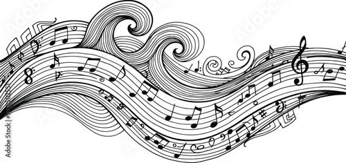 Flowing musical staff with wave-like curves, notes, and clefs in black and white for music, rhythm, art, and design themes
