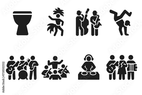 Rhythm Cultural Icon Grid. Solid, filled icon set of rhythm cultural symbols: tribal drum, samba dancer, jazz band, hip hop dancer, rock band, classical