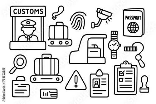 Airport Customs Doodle. Hand-drawn doodle illustration Airport customs checkpoint passport control booth, luggage conveyor belt, customs officer, fingerprint