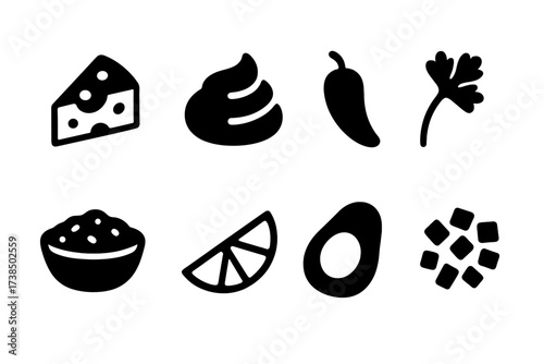 Refried Beans Condiments Icons. Solid, filled icon set of refried beans condiments: cheese, sour cream, jalapenos, cilantro, salsa, lime, avocado, onions.